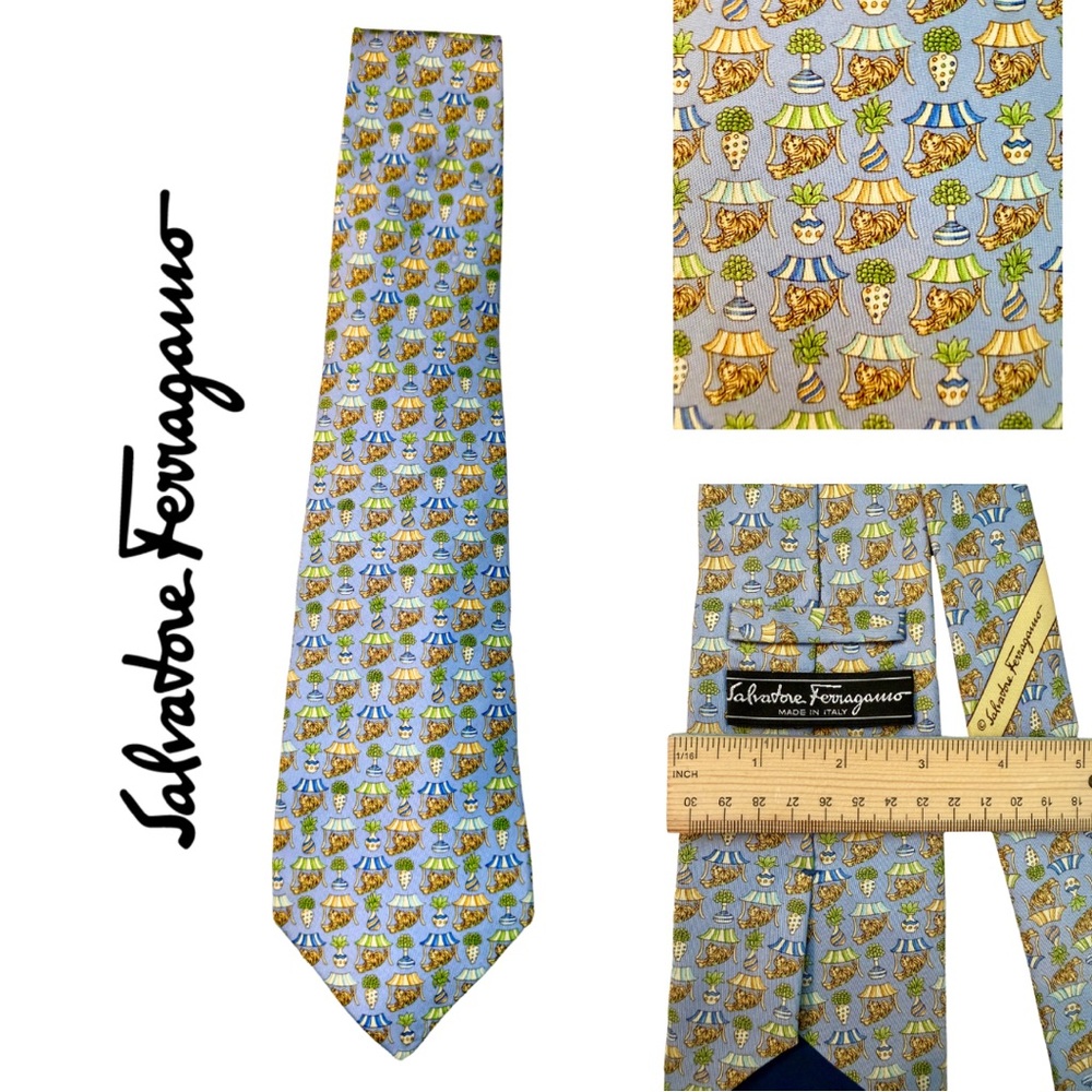Salvatore Ferragamo Men’s Whimsical Silk Blue and Gold Floral Tie